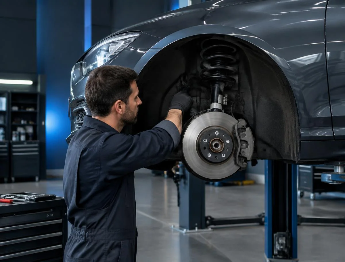 Monteur voert een technische reparatie uit aan een auto